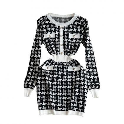 Womens Elegant Houndstooth Knit Sweater And Skirt..