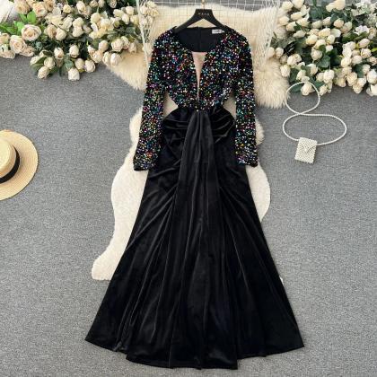 Elegant Long Sleeve Sequined Velvet Evening Gown