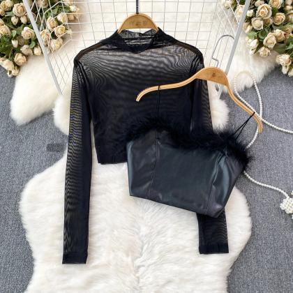Womens Sheer Sleeve Faux Fur Sequin Crop Top