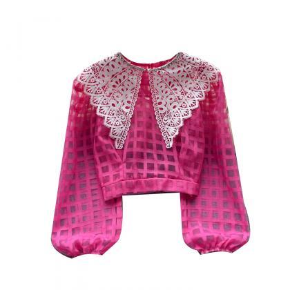 Elegant Sheer Lace Checkered Pattern Bell Sleeve..