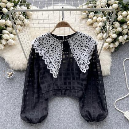 Elegant Sheer Lace Checkered Pattern Bell Sleeve..