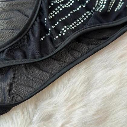 Black Rhinestone Studded Mesh Bodysuit For Women