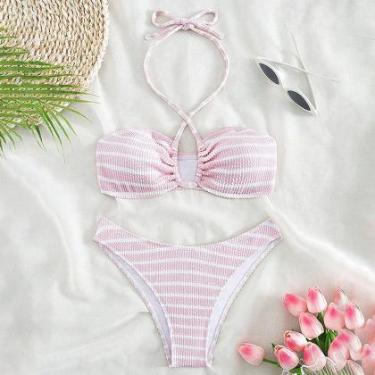 Black White Striped Textured Triangle Bikini Set