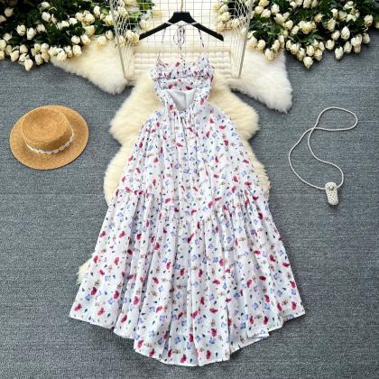 Floral Halter Maxi Dress Summer Splice Backless Design