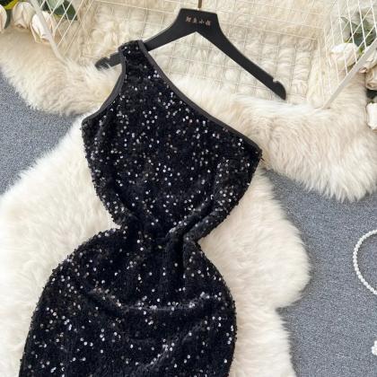 Sequin Asymmetrical Fringe Hem One Shoulder Dress