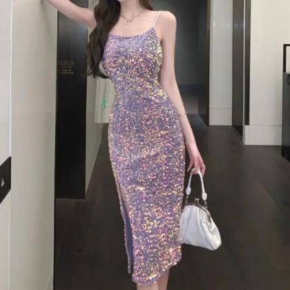 MG Sequin Stripe Dress- Purple