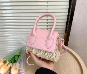 Pink And White Woven Basket Gingham Mini Leather Bag