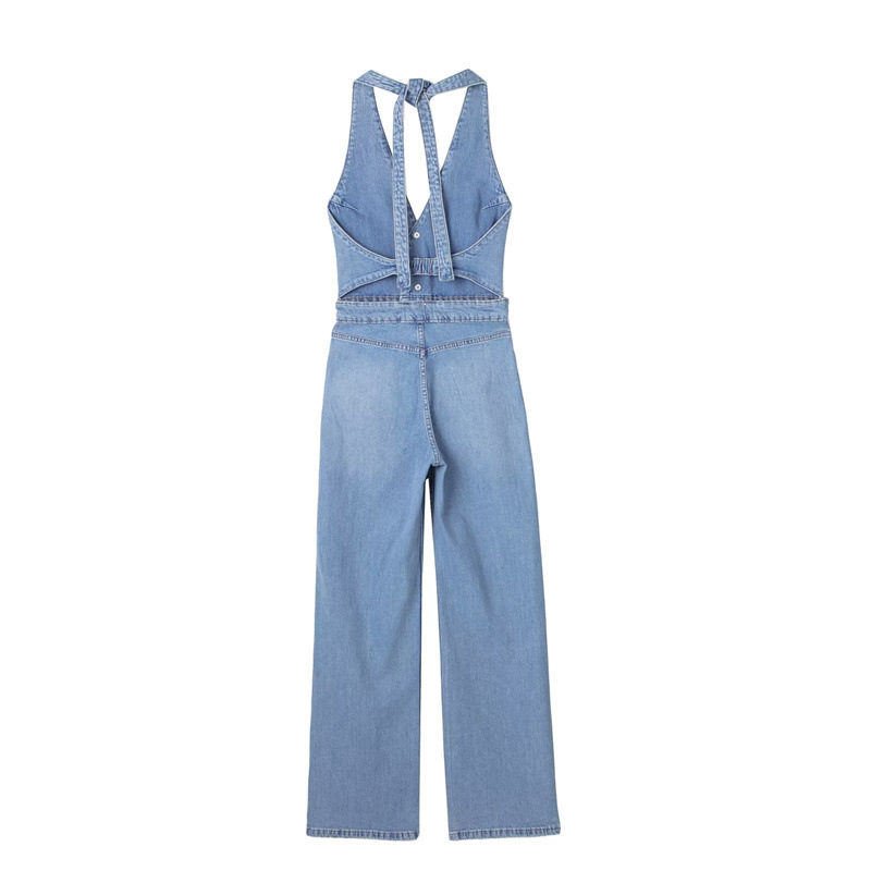 Summer Hanging Neck Tie Denim Rompers Sexy Pants 2023 High-waisted Straight Pants Women