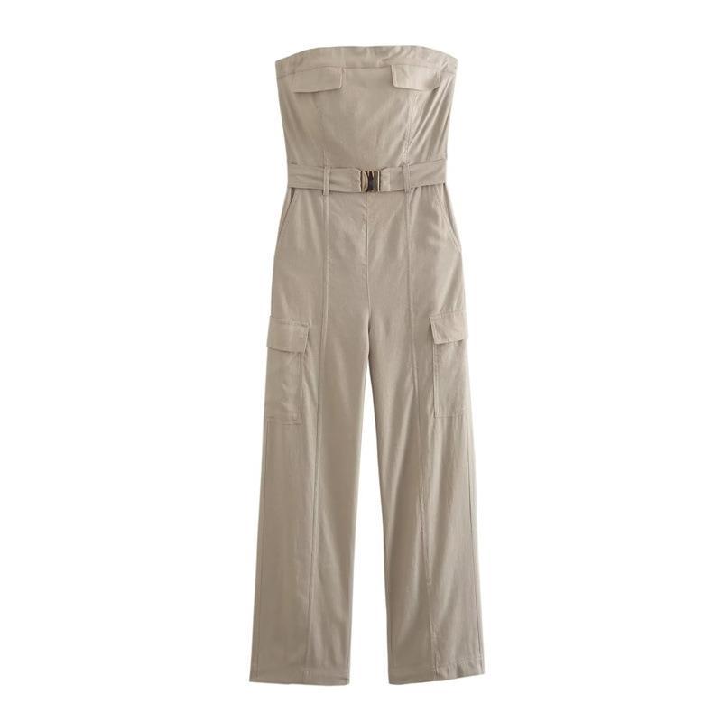 Personality Trend One-line Collar Jumpsuit High-waisted Solid Pants Summer Slacks With Belt Loose Casual Pants