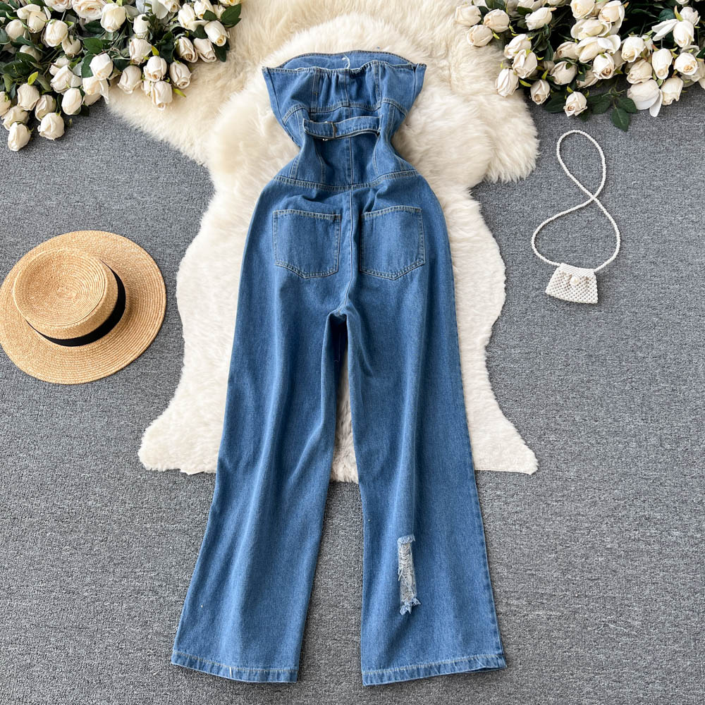 Cargo One-piece Jeans Women Loose Wide Leg Slimming Slit Ripped Floor Mop Chest Long Pants
