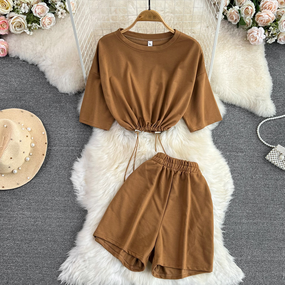 Short-sleeved Round Neck Loose Drawstring Short Top Two-piece Set Of High-waisted Slimming Wide-leg Shorts