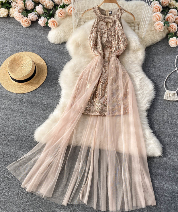 Sequin Dress Gauze Patchwork Design Feel Waist Slimming Socialite Style Evening Dress