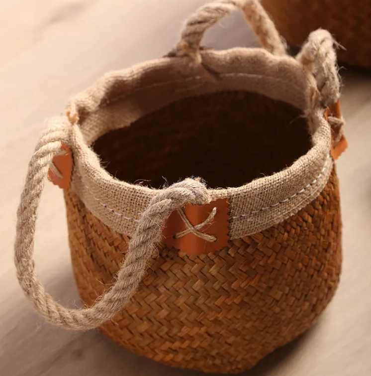 Sea Grass Pure Hand-woven Hand-held Flower Basket Dry Flowerpot Sundries Storage Basket Home Decoration Bamboo Woven Vase