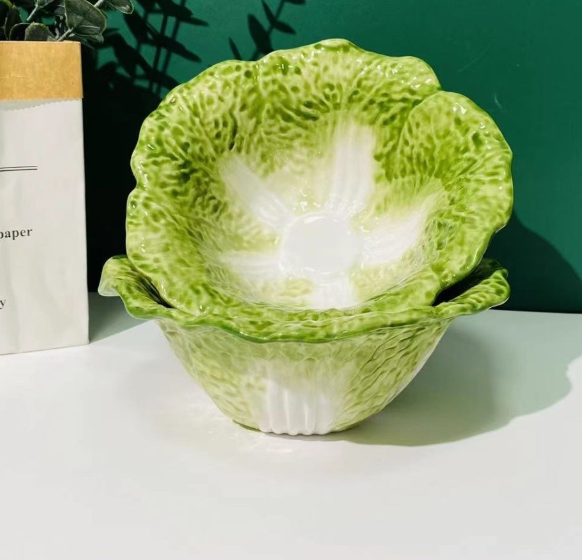 Hand-painted Cabbage Shape Ceramic Underglaze Color Multi-color Flower Shape Fruit Salad Noodle Bowl Rice Bowl Two Pieces A Set