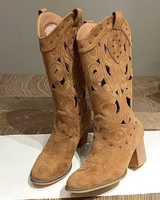 Thick Heel Embroidered Western Cowboy Boots 2023 Cowhide Fleece Sleeve Hollow Knight Boots Embroidered Fashion Boots For Women