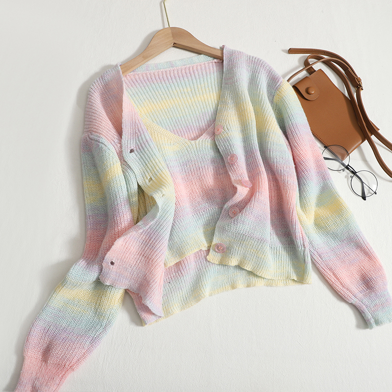 Women's Sweater Sets Korean Style Chic Rainbow Gradient Striped Spaghetti Strap Vest & V-neck Knitting Cardigans Two Pieces
