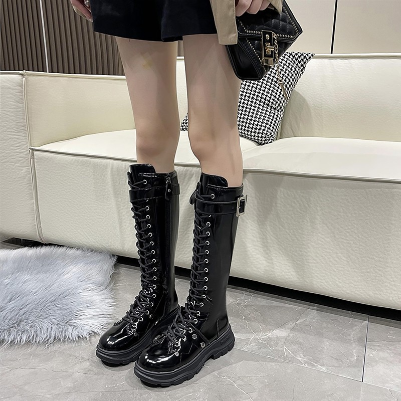 Women's Boots Fashion Boots Women Shoes Knee High Boots Platform Lace Up Buckle Black Long Combat Boots Shoes Of Women
