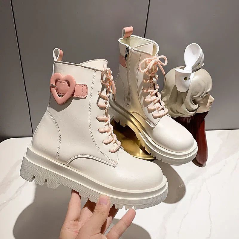 Women's White Ankle Boots Autumn Winter Korean Fashion Platform Kawaii Shoes Vintage Leather Cute Hearts Sweet Y2k Footwear