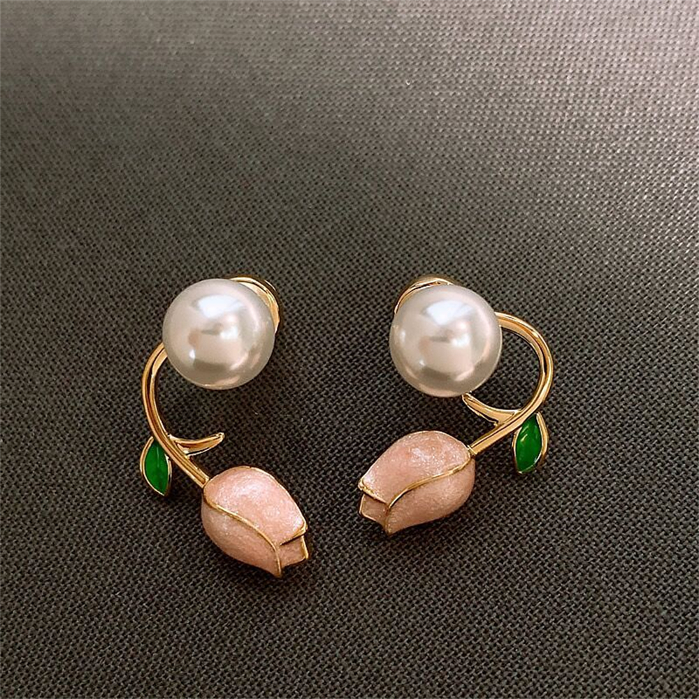 Elegant Korean Tulip Pearl Ear Studs Earrings For Women Sweet Niche Design High-end Temperament Earring Party Jewelry Gifts