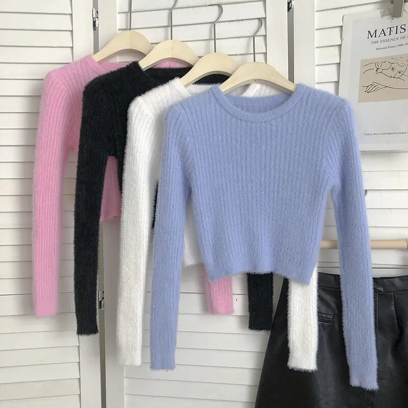 Knitted Sweater Korean Style Women O-neck Fluffy Sweaters Chic Short Pullover Female Casual Ladies Slim Fit Clothes