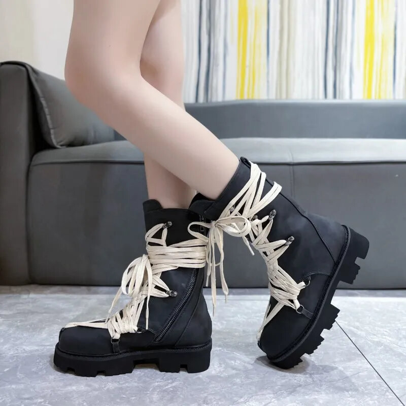 High Quality Cross-tied Women's Boots Fashion Solid Modern Boots Women Round Toe Mid-calf Boots