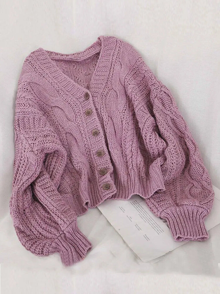 Autumn Winter Women's Cardigan Korean Style The Retro Solid Color V-neck Knitted Cardigan Loose Short Twist Sweater