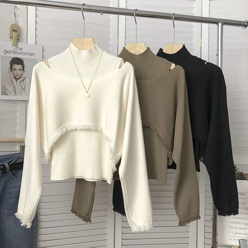 Korean Sweater Pullover Versatile Long Sleeved Knit Half High Collar Vest And Two-piece Set Spring Solid Pullover Sweater Female