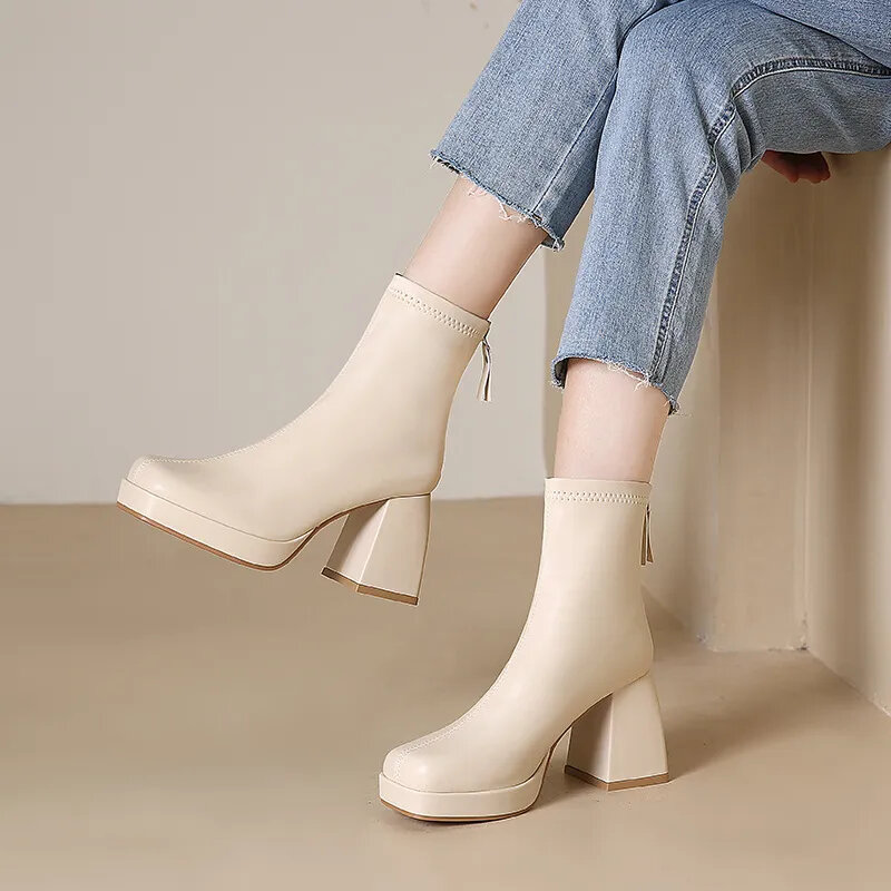 Beige Women Ankle Boots Platform Square High Heel Ladies Short Boots Patent Pu Leather Round Toe Women's Boots