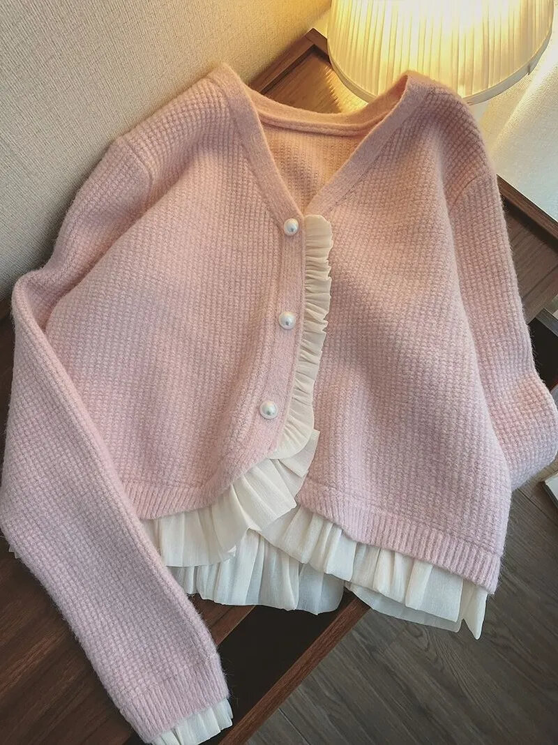 Women's Sweaters Autumn Gentle Korean Pearl Button Ruffled Patchwork Pink Cropped Cardigan V Long Sleeve Mesh Knitted Coat