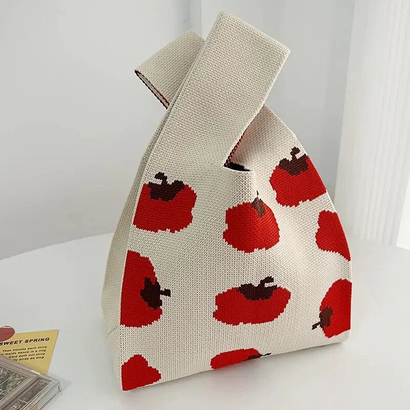 Women's Tomato Knit Tote Bag Portable Small Storage Bag Korean Solid Color Shoulder Bag Mini Knot Wrist Bag Key Phone Pouch