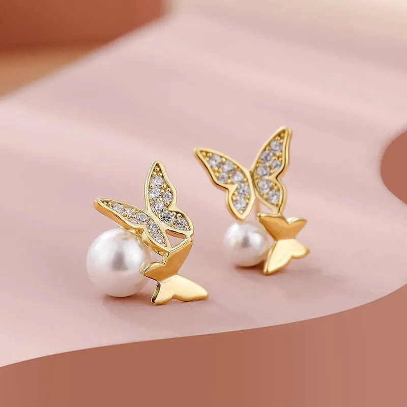 Lovely Butterfly With Imitation Pearl Earrings Women Korean Fashion Girls Ear Earrings Daily Wear Gift Modern Jewelry
