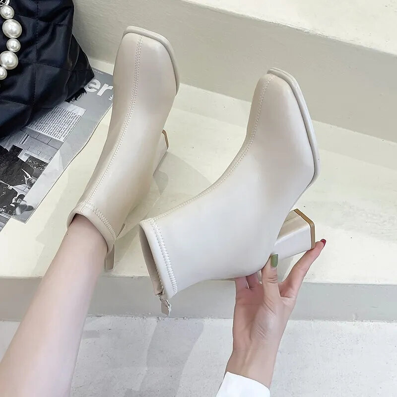 Women's Back Zipper Beige High Heels Ankle Boots Winter Female Square Toe Chelsea Boots High Quality Mid Heel