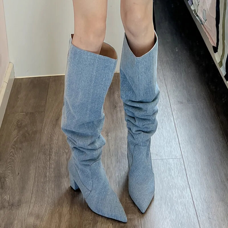 Denim Cowboy Boots For Women Fashion Slip On Long Boots Female Square Heel Autumn Winter Girl's Boots Shoes