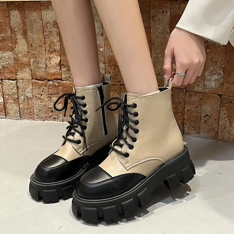 Autumn Fashion British Style All-match Retro Matte Lacquer Stitching Thick-soled Ankle Boots