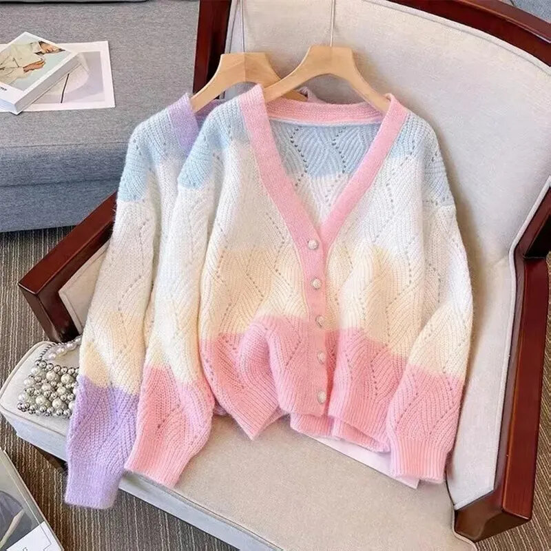 Korean Style Rainbow V-neck Hollow Out Cardigan Women Autumn Buttons Loose Knit Coat Woman Winter Sweet Long Sleeve Sweater