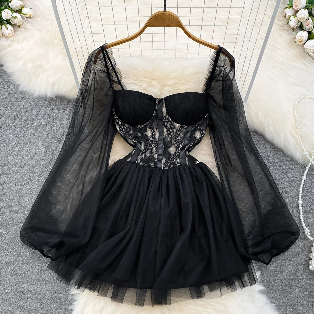 Fashion Korean Style Long Sleeve Women Dress Square Collar Tulles Patchwork Skinny A-line Female Mini Summer Black Dress