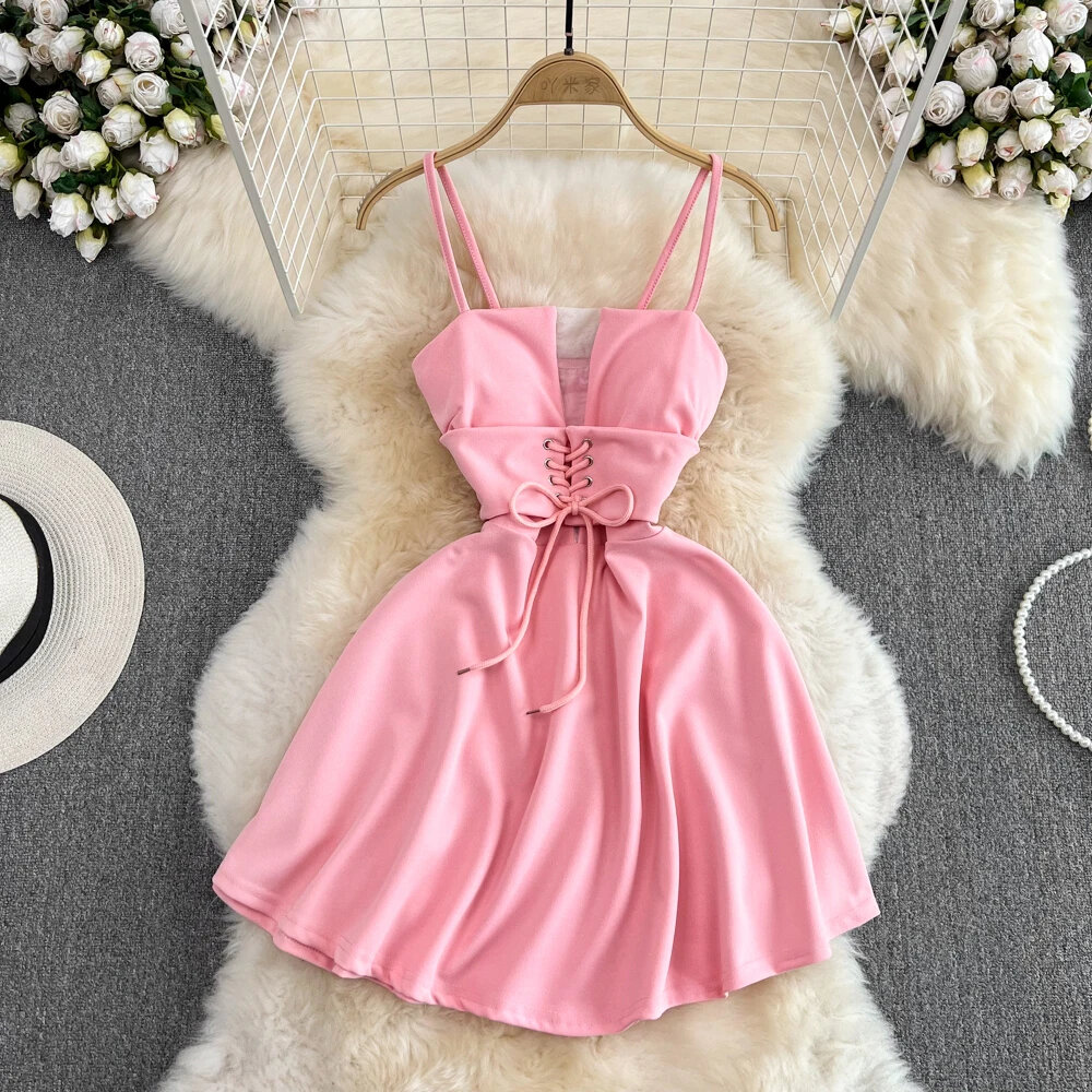 Summer Style Spaghetti Strap Dress Pink Tulle Splice Hollow Out Bandage Dress Sexy A-line Mini Women Club Clothes