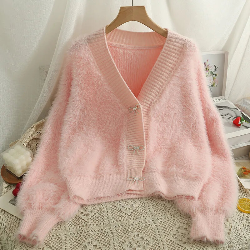 Vintage Long Sleeve Top Outerwear V Neck Solid Color Cardigan Exquisite Bowknot Single-breasted Sweater