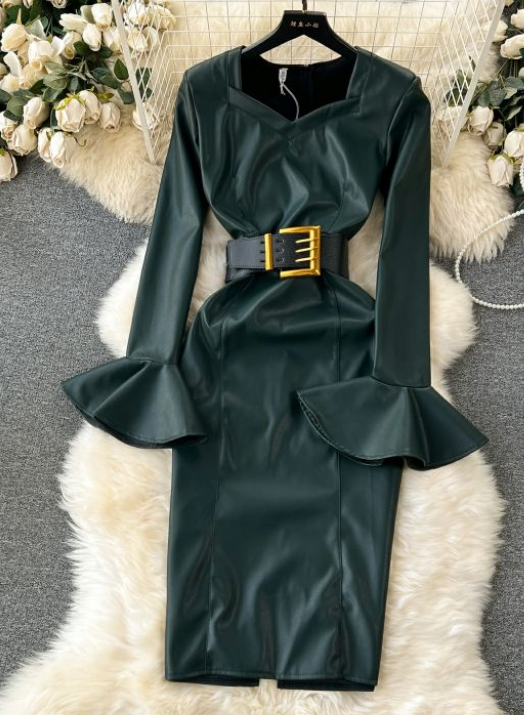 Pu Leather Horn Long-sleeved Dress Female 2023 High-end Socialite Waist Fashion Slit Dress