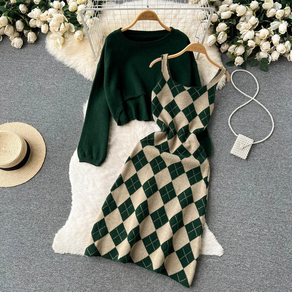 Retro Long Sleeve Party Sweet Casual Clothes, O Neck Plaid Knitting Sets Two Pieces Vintage Style Dresses