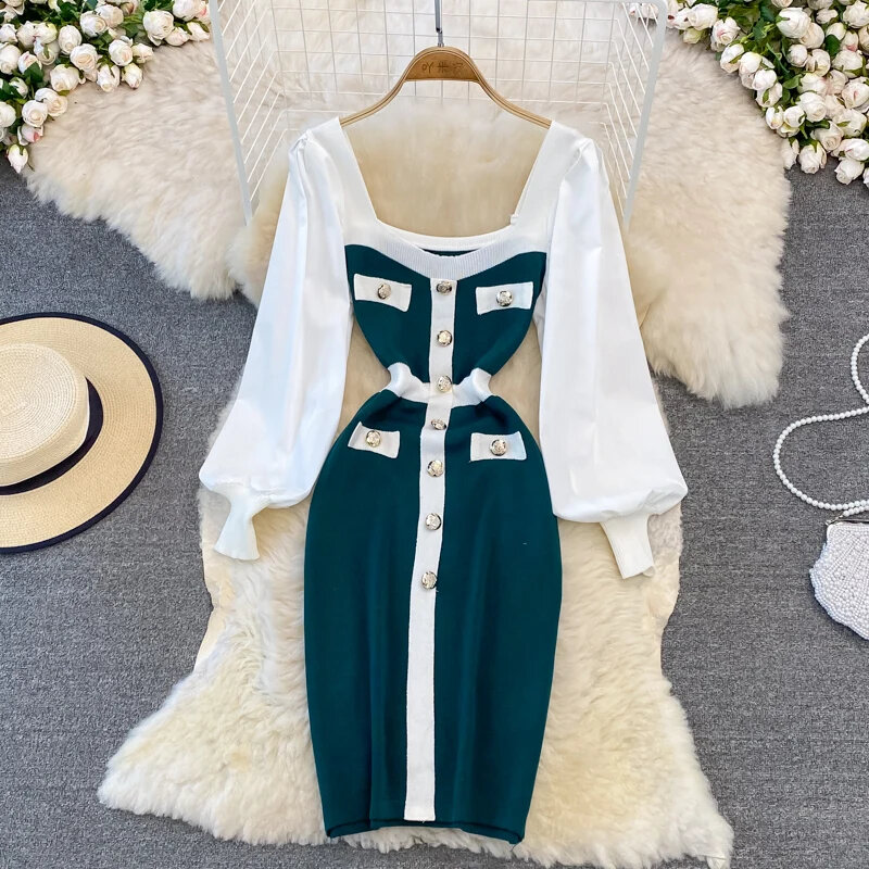 Vintage Elegant Patchwork Square Neck Long Sleeve Knit Dress Casual Women Fashion High Waist Summer Spring Hip Wrap Dress