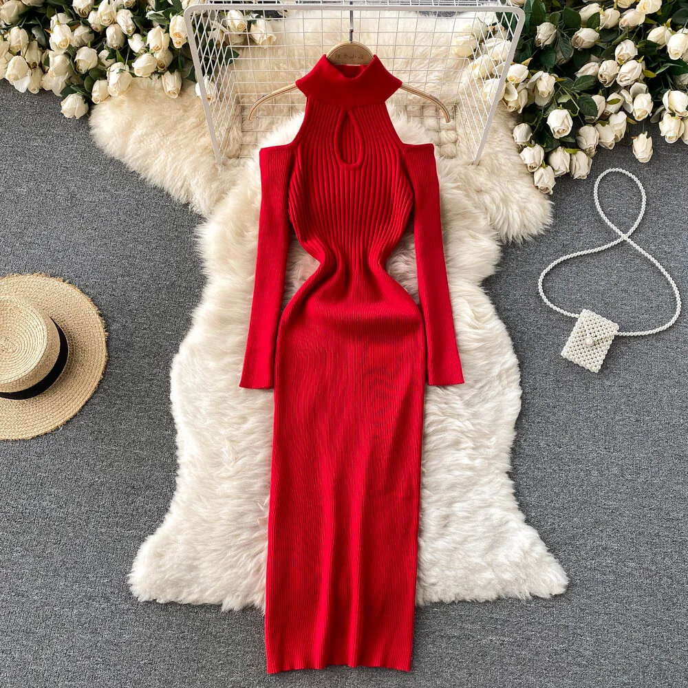 Chic Off Shoulder Hollow Long Sleeve Pencil Dress Sexy Party Fashion Knit Vestidos Slim Women Autumn Sweater Bodycon Dresses