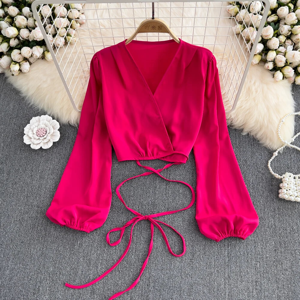 Korean Fashion Deep V-neck Blouse Woman Lantern Sleeve Solid Color Blusas De Mujer Lace-up Loose Sweet Crop Top
