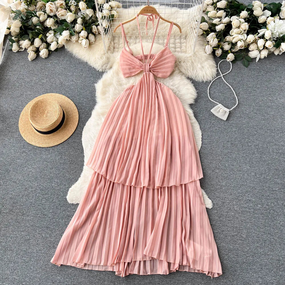 Sexy Halter Backless Cut Out Pleated Tiered Dress Retro A-line Chic Casual Beach Vacation Slip Dress Women Summer
