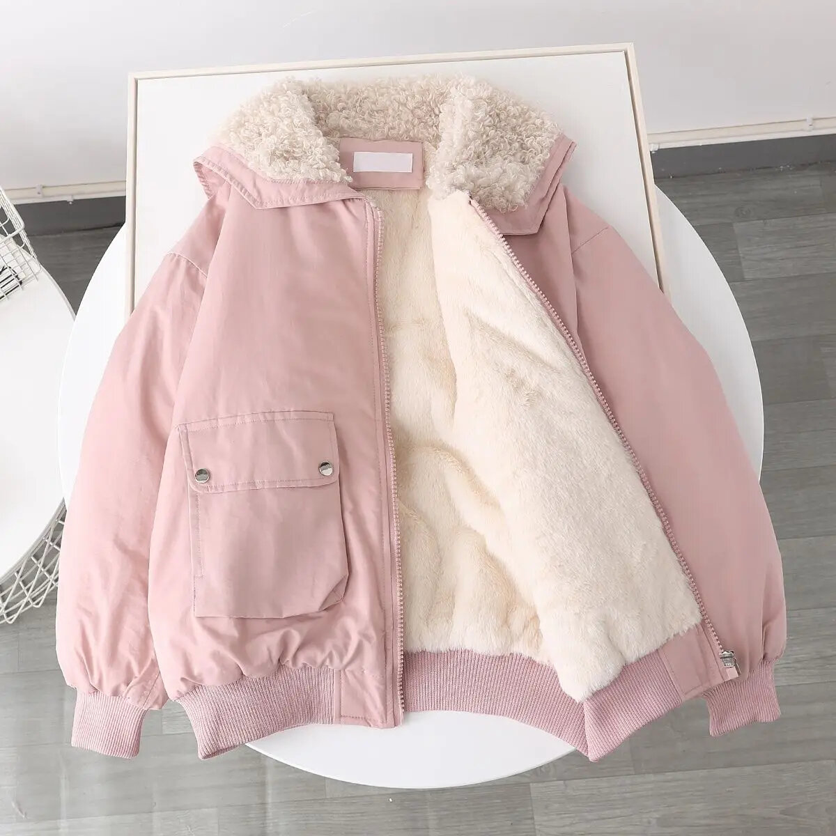 Autumn And Winter Plus Velvet Liner Candy-colored Tooling Women's Loose Coat Collar Wool Collar Imitation Lamb Student Jacket