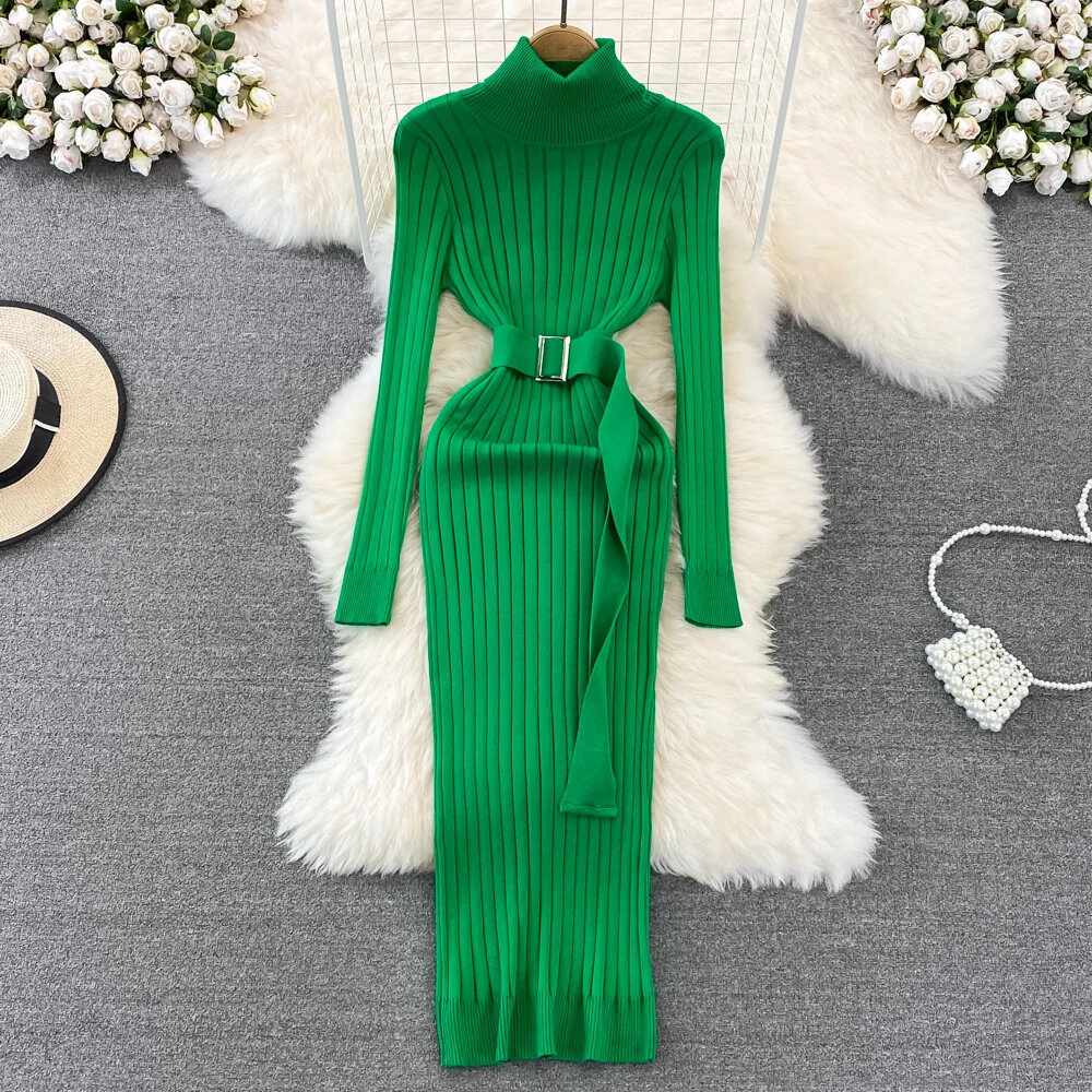 Ins Turtleneck Sexy Wrap Hips Knitted Dresses Women Autumn Winter Long Sleeve Bodycon Sweater Dress With Belt