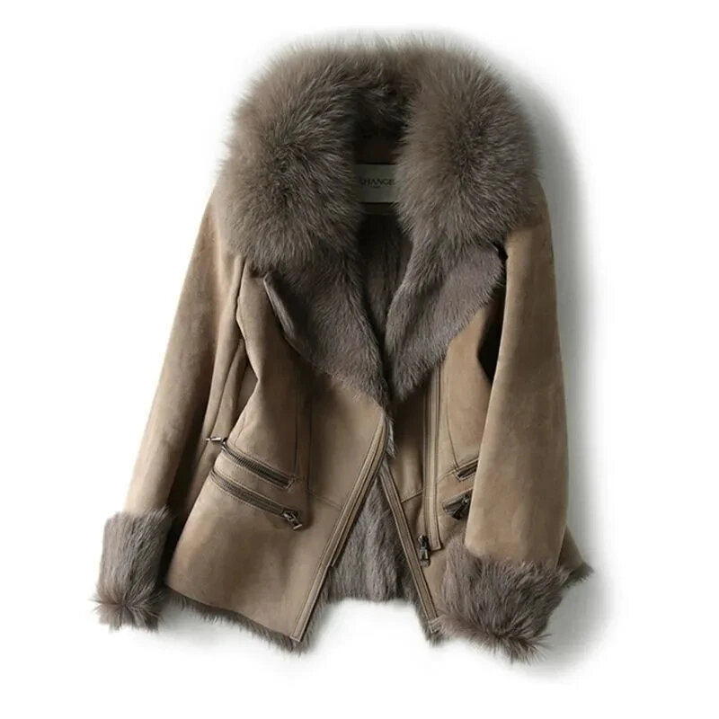 Elegant Suede Jacket With Luxe Fur Collar And Sleek Zippers