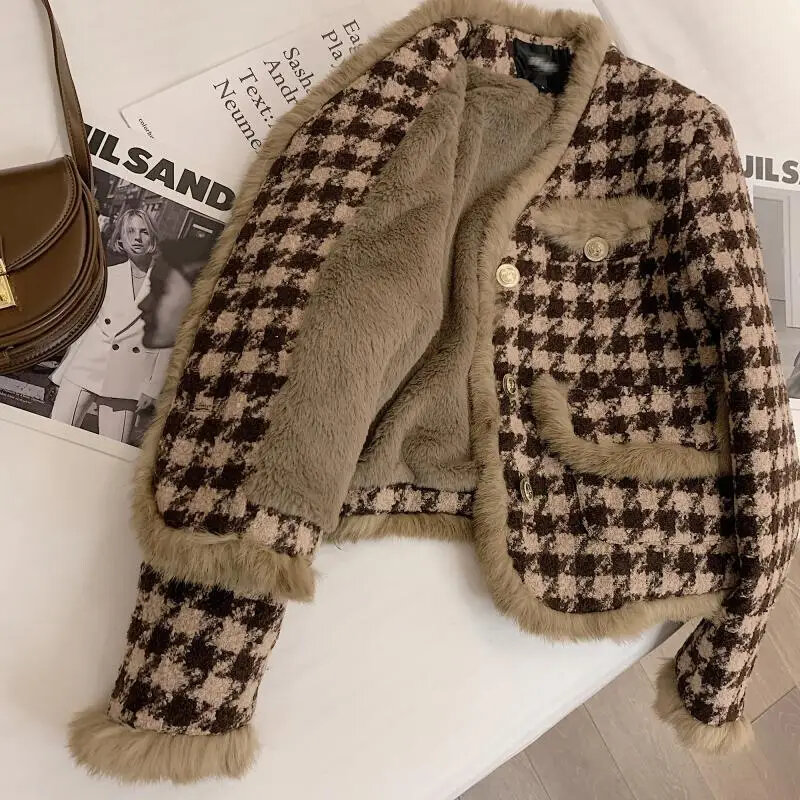 Vintage Quilted Coats Khaki Thick Lamb Wool Jacket Small Fragrance Thousand Bird Plaid Coat Chaquetas Mujer Woolen Tops