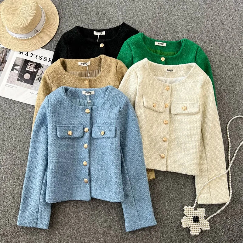 Autumn Winter French Woolen Tweed Short Jacket Women's Chic Golden Buttons Long Sleeve Coat Female Single Breasted Top Outwear