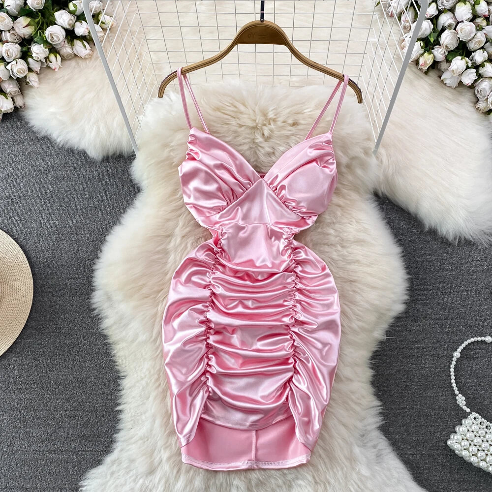 Spaghetti Strap Pleated Dresses Summer Skinny Satin Solid Colours Elegant Femme Vestidos Elastic High Waist Dress